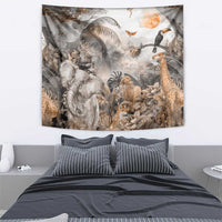 Africa safari animals tapestry with lion, elephant, giraffe, and birds in misty grey