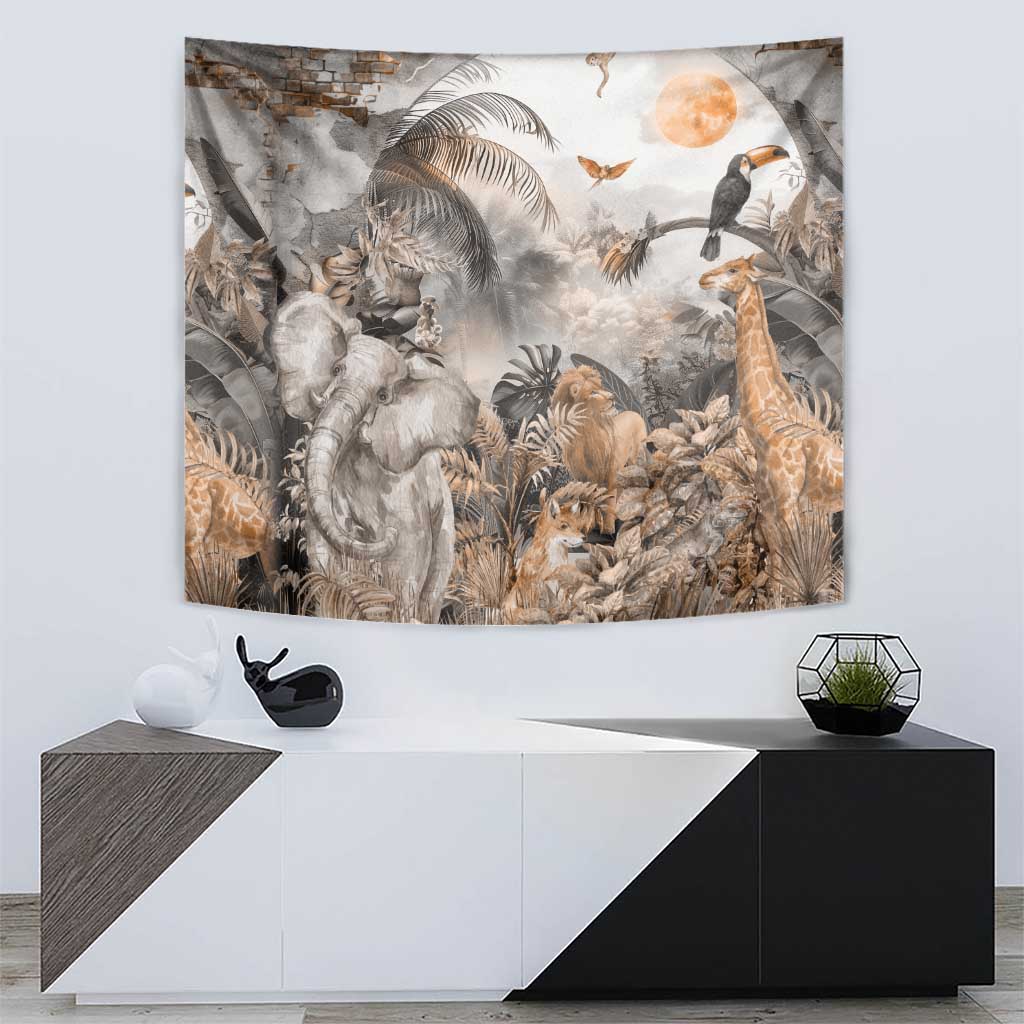 Africa safari animals tapestry featuring elephant, giraffe, and lion amid grasses and leaves