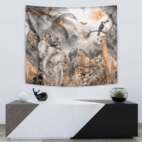 Africa safari animals tapestry featuring elephant, giraffe, and lion amid grasses and leaves