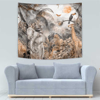 Africa safari animals tapestry in grey and tan with wildlife scene and large orange moon