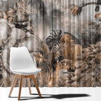 Grey safari animal window curtain panel with wildlife print, hanging over a chair by the window