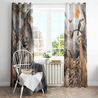 Grey safari animal printed curtains, two panels with elephants, lions, and birds, hanging wide