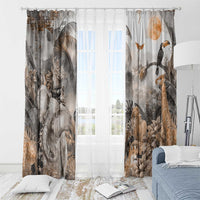 Grey safari animal printed curtains, pair of panels hanging with bird and animal motifs