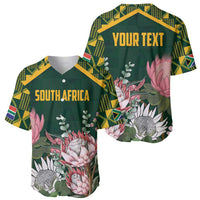 Green baseball jersey set: front SOUTH AFRICA, back YOUR TEXT, kente trim and protea flowers