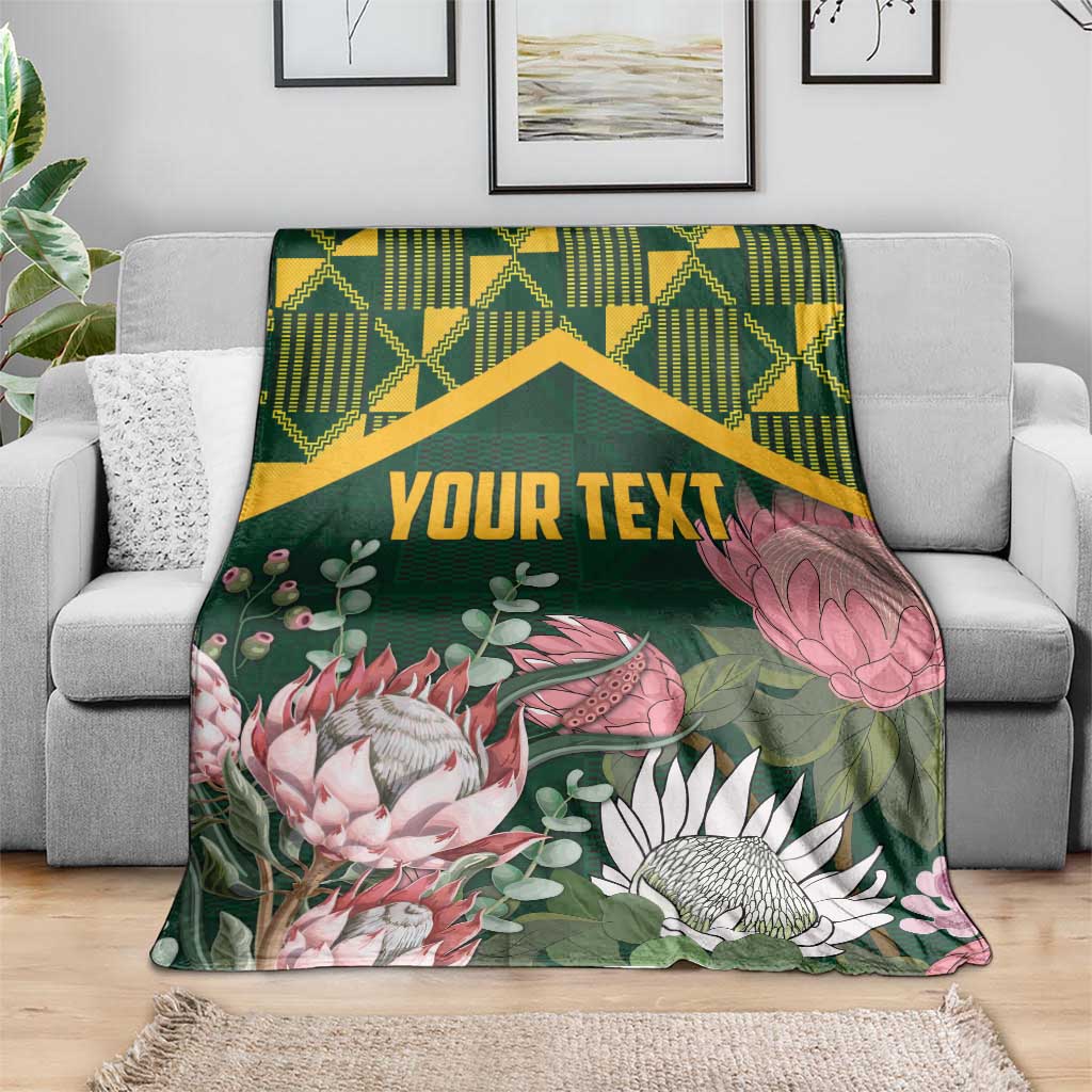 Personalized green king blanket with kente zigzag top, protea and leaf floral design
