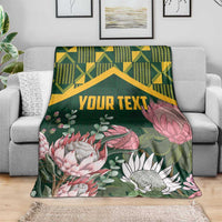 Personalized green king blanket with kente zigzag top, protea and leaf floral design