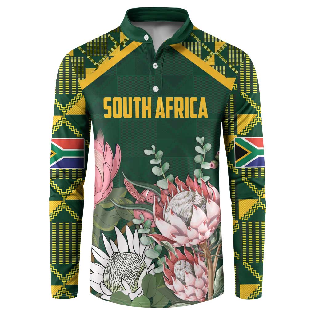 Green button sweatshirt with South Africa text, floral print, kente patterned sleeves