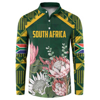 Green button sweatshirt with South Africa text, floral print, kente patterned sleeves