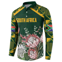 Green button sweatshirt, SOUTH AFRICA on chest, floral graphic and kente sleeve bands