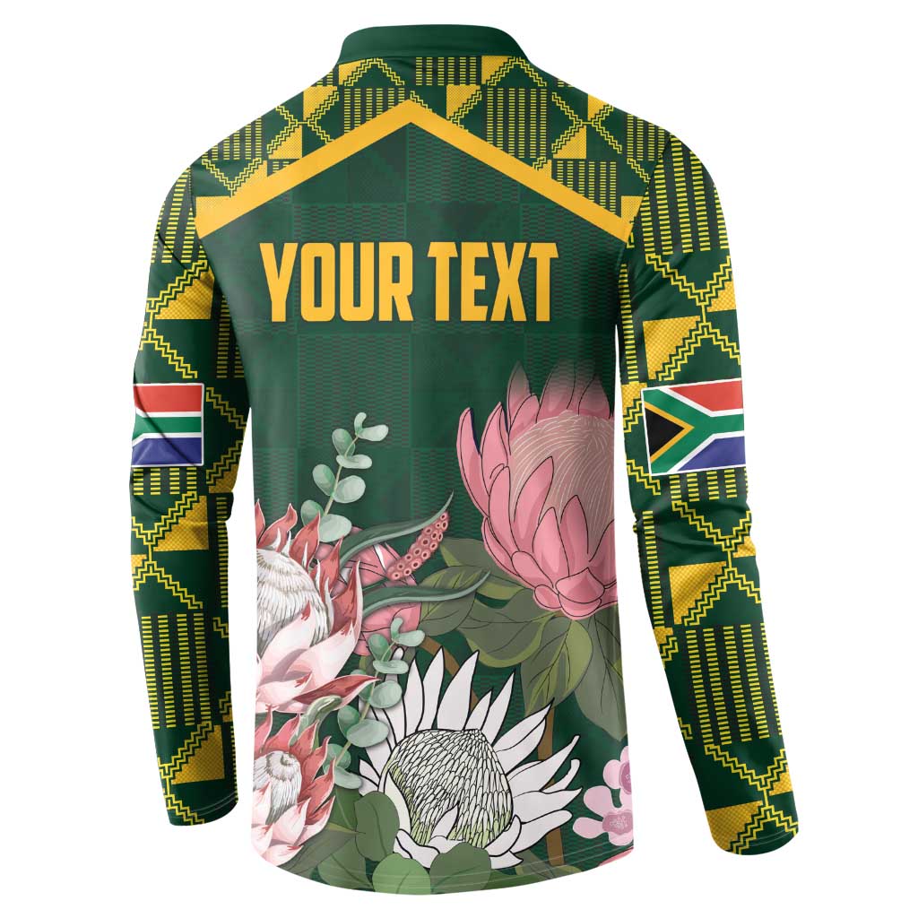Green button sweatshirt back with YOUR TEXT, protea and leaves print, kente sleeves