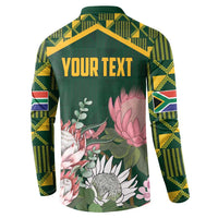 Green button sweatshirt back with YOUR TEXT, protea and leaves print, kente sleeves