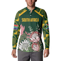 Green button sweatshirt with SOUTH AFRICA chest print, floral and kente sleeves