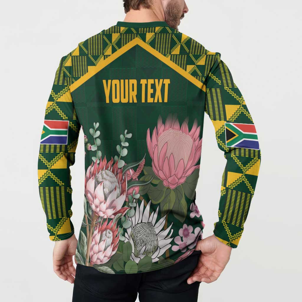 Green button sweatshirt back with YOUR TEXT, protea floral print, kente patterned sleeves