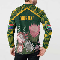 Green button sweatshirt back with YOUR TEXT, protea floral print, kente patterned sleeves