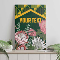 Green canvas wall art with “YOUR TEXT” banner and pink floral protea artwork