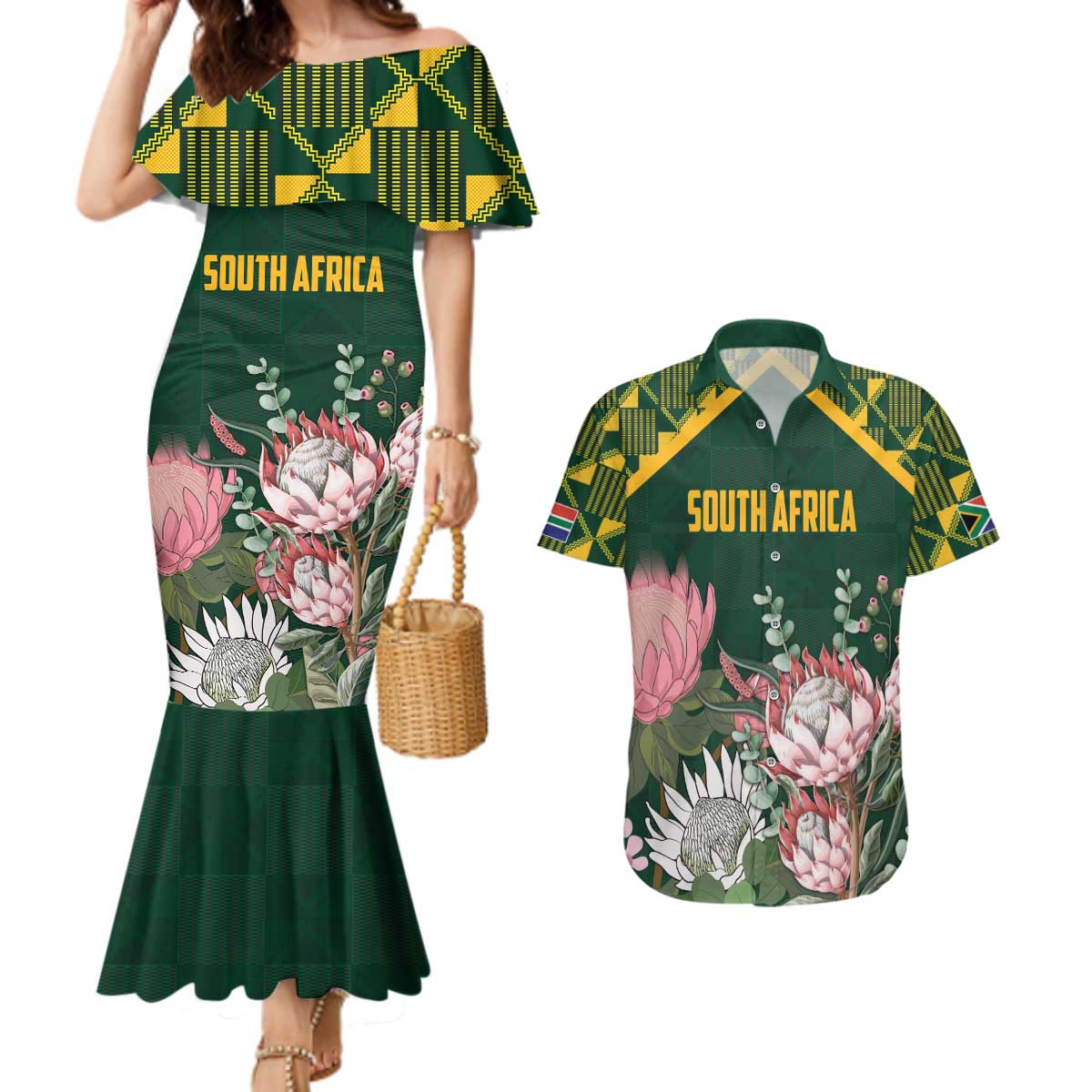 Personalized South Africa King Protea Couples Matching Mermaid Dress and Hawaiian Shirt With Kente Patterns - Wonder Print Shop