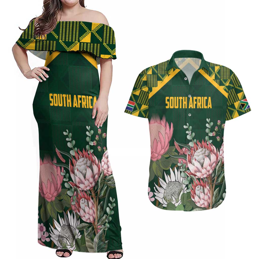 Personalized South Africa King Protea Couples Matching Off Shoulder Maxi Dress and Hawaiian Shirt With Kente Patterns - Wonder Print Shop