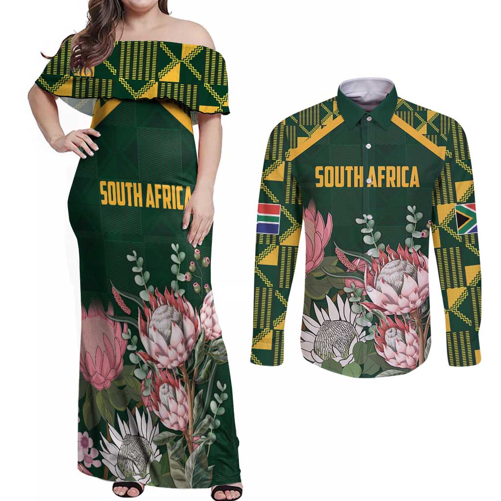 Personalized South Africa King Protea Couples Matching Off Shoulder Maxi Dress and Long Sleeve Button Shirt With Kente Patterns - Wonder Print Shop