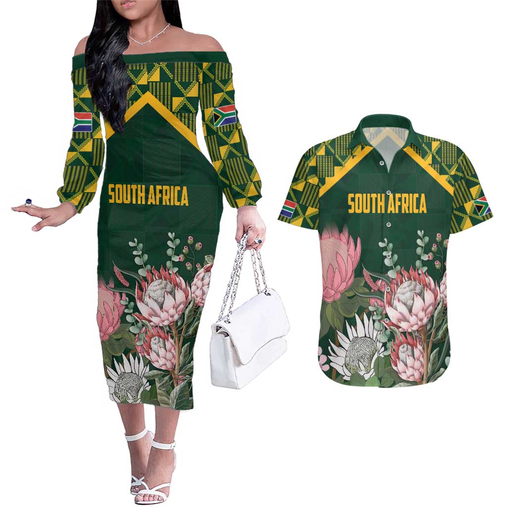 Personalized South Africa King Protea Couples Matching Off The Shoulder Long Sleeve Dress and Hawaiian Shirt With Kente Patterns - Wonder Print Shop