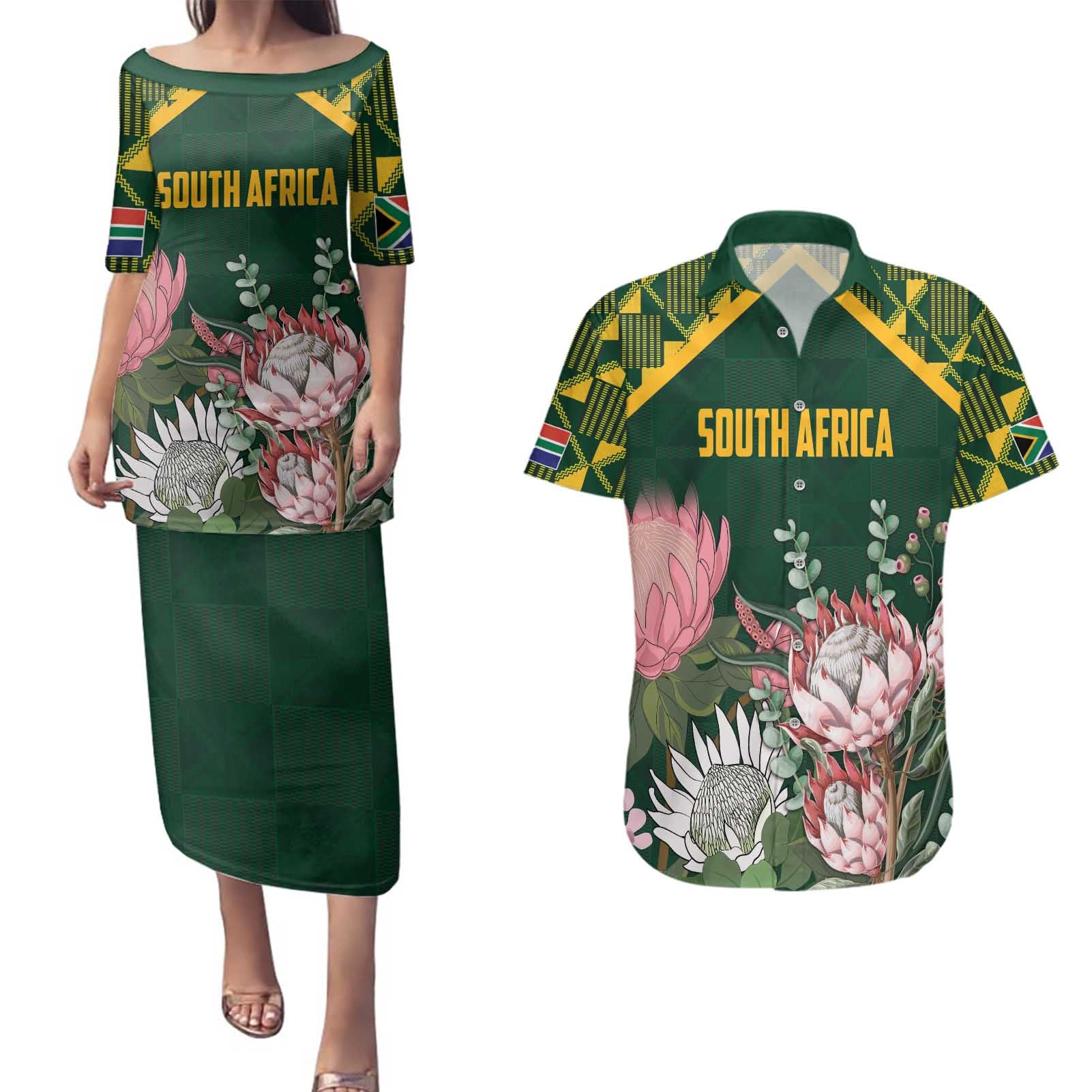 Personalized South Africa King Protea Couples Matching Puletasi and Hawaiian Shirt With Kente Patterns - Wonder Print Shop