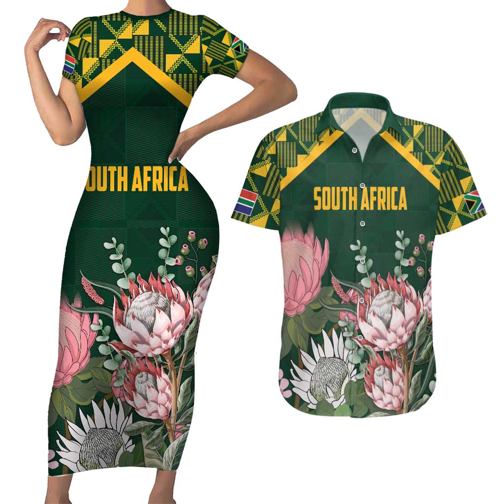 Personalized South Africa King Protea Couples Matching Short Sleeve Bodycon Dress and Hawaiian Shirt With Kente Patterns - Wonder Print Shop