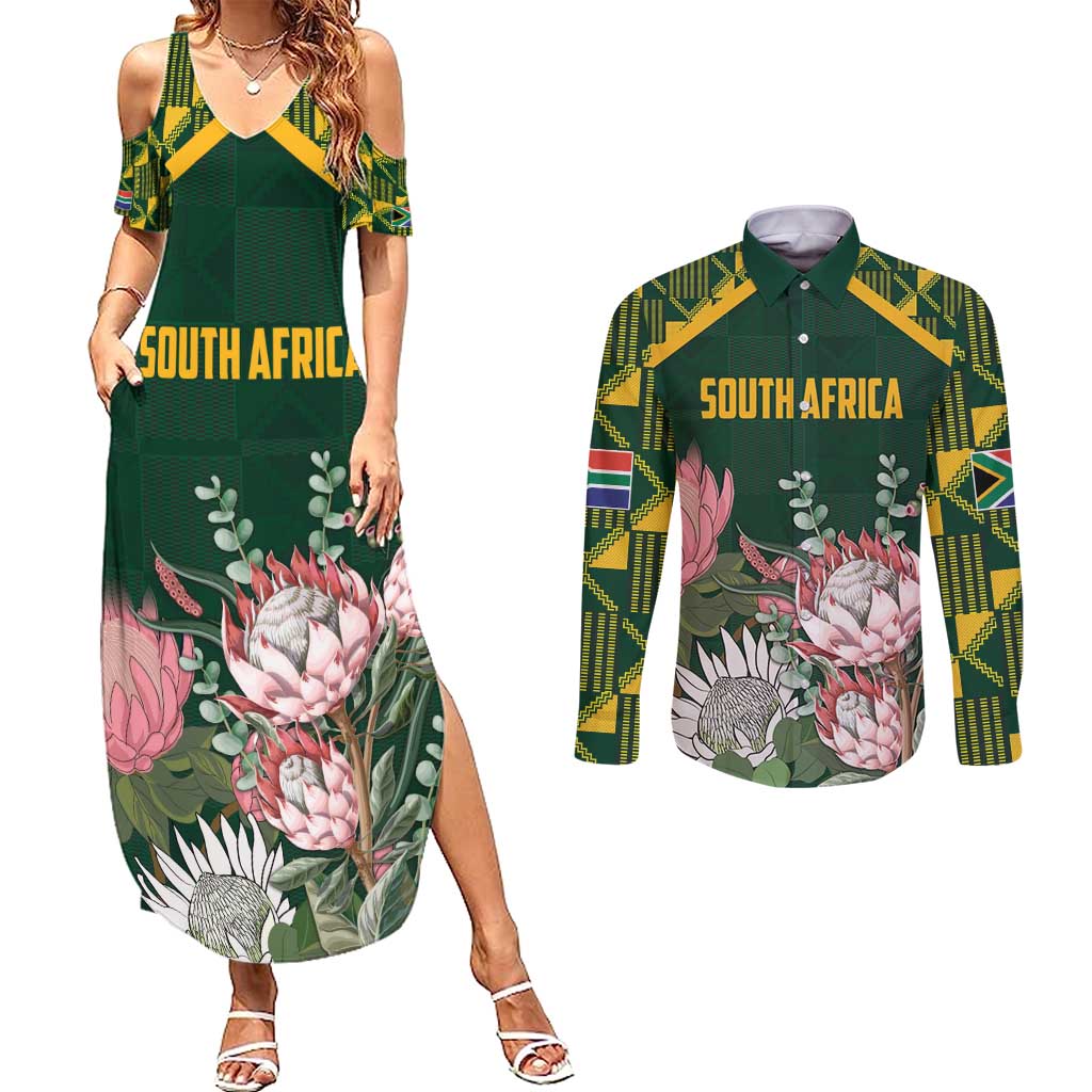 Personalized South Africa King Protea Couples Matching Summer Maxi Dress and Long Sleeve Button Shirt With Kente Patterns - Wonder Print Shop