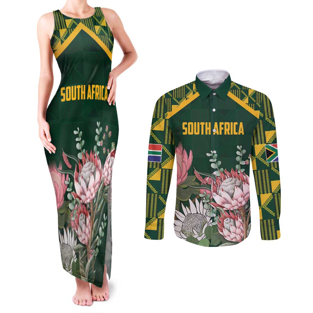 Personalized South Africa King Protea Couples Matching Tank Maxi Dress and Long Sleeve Button Shirt With Kente Patterns - Wonder Print Shop