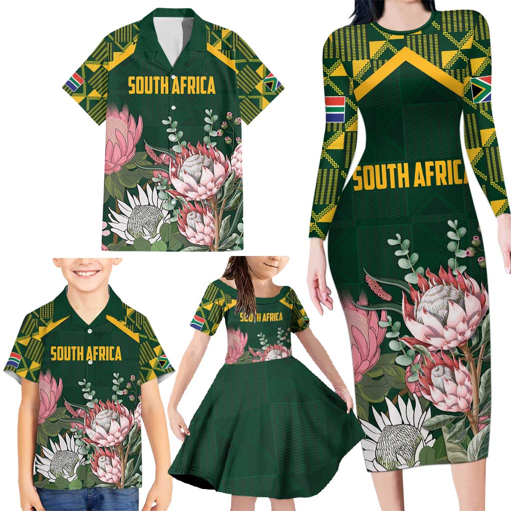 Personalized South Africa King Protea Family Matching Long Sleeve Bodycon Dress and Hawaiian Shirt With Kente Patterns - Wonder Print Shop