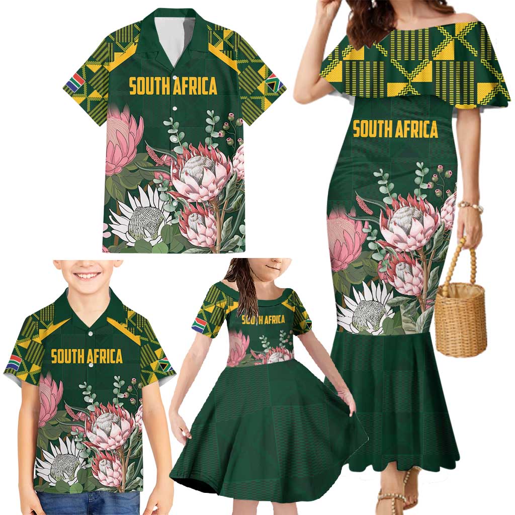 Personalized South Africa King Protea Family Matching Mermaid Dress and Hawaiian Shirt With Kente Patterns - Wonder Print Shop