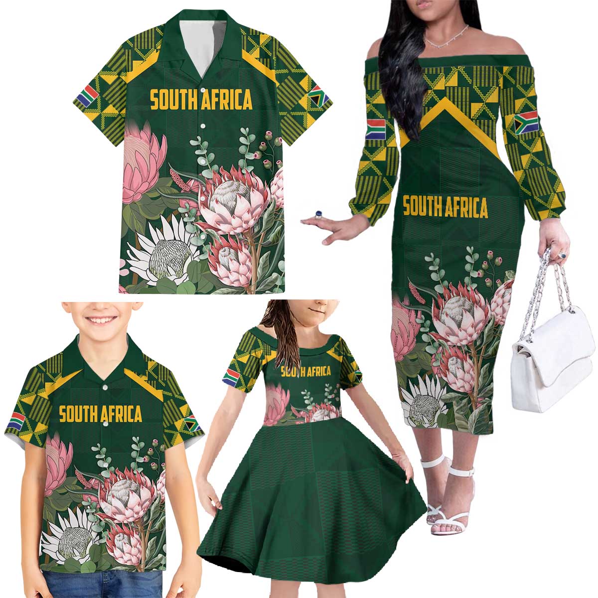 Personalized South Africa King Protea Family Matching Off The Shoulder Long Sleeve Dress and Hawaiian Shirt With Kente Patterns - Wonder Print Shop