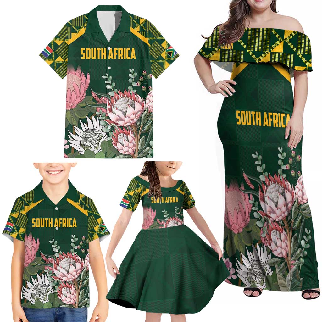 Personalized South Africa King Protea Family Matching Off Shoulder Maxi Dress and Hawaiian Shirt With Kente Patterns - Wonder Print Shop