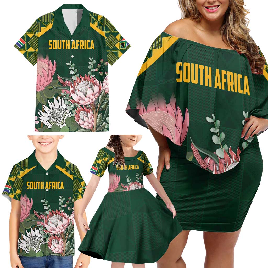 Personalized South Africa King Protea Family Matching Off Shoulder Short Dress and Hawaiian Shirt With Kente Patterns - Wonder Print Shop