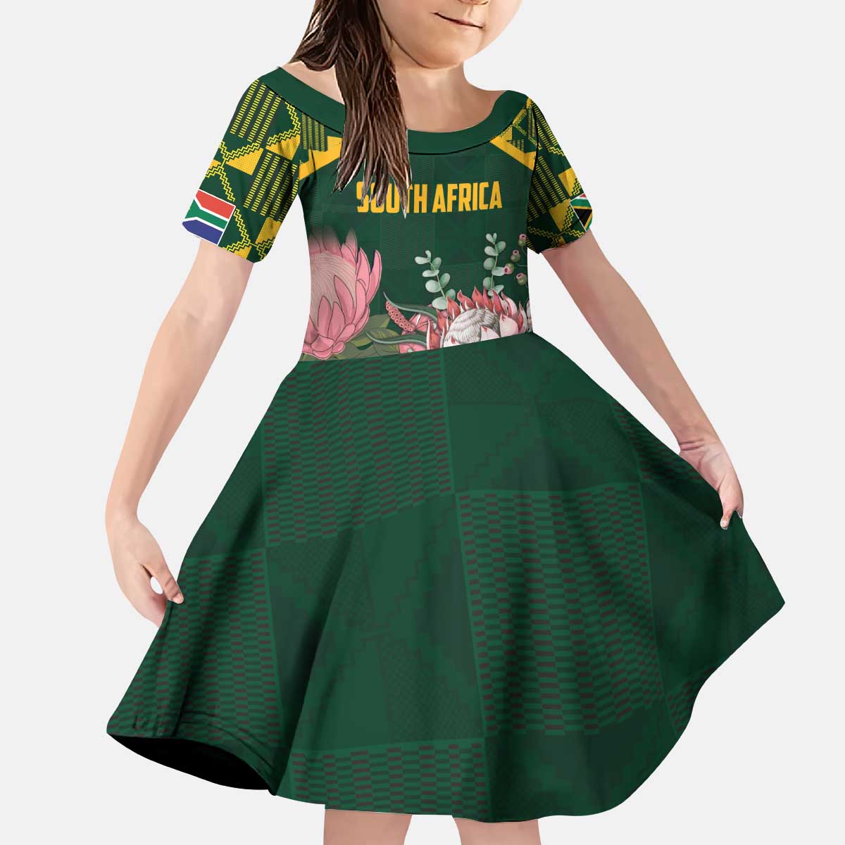 Personalized South Africa King Protea Kid Short Sleeve Dress With Kente Patterns - Wonder Print Shop