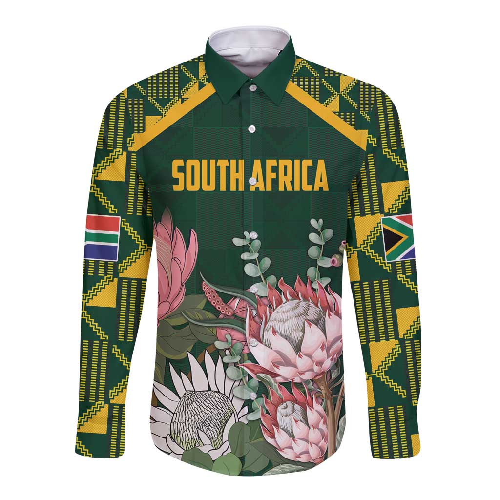 Green long sleeve button shirt, kente sleeve panels, floral front text "SOUTH AFRICA"