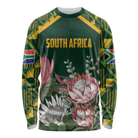 Green long-sleeve shirt with kente sleeve panels and 'SOUTH AFRICA' front print