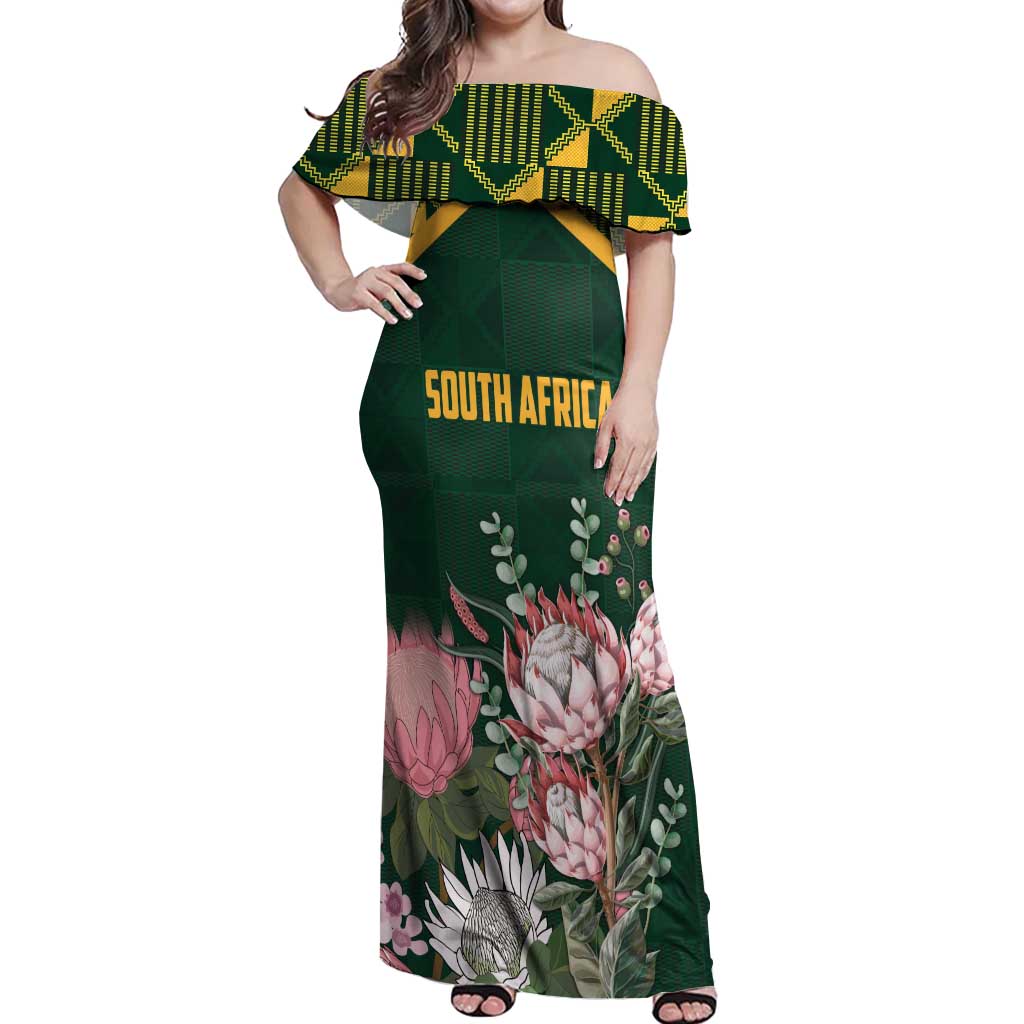 Personalized South Africa King Protea Off Shoulder Maxi Dress With Kente Patterns - Wonder Print Shop