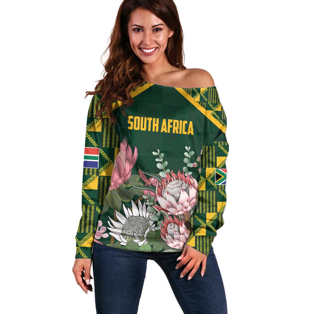 Personalized South Africa King Protea Off Shoulder Sweater With Kente Patterns - Wonder Print Shop