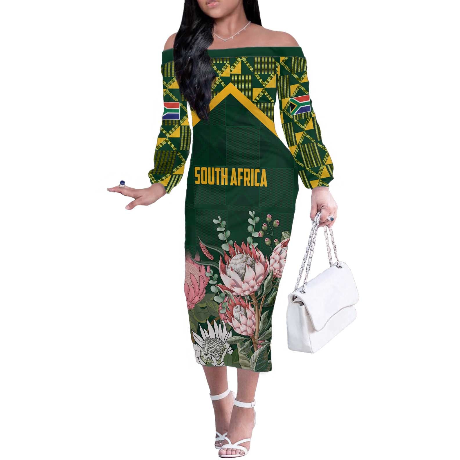 Personalized South Africa King Protea Off The Shoulder Long Sleeve Dress With Kente Patterns - Wonder Print Shop