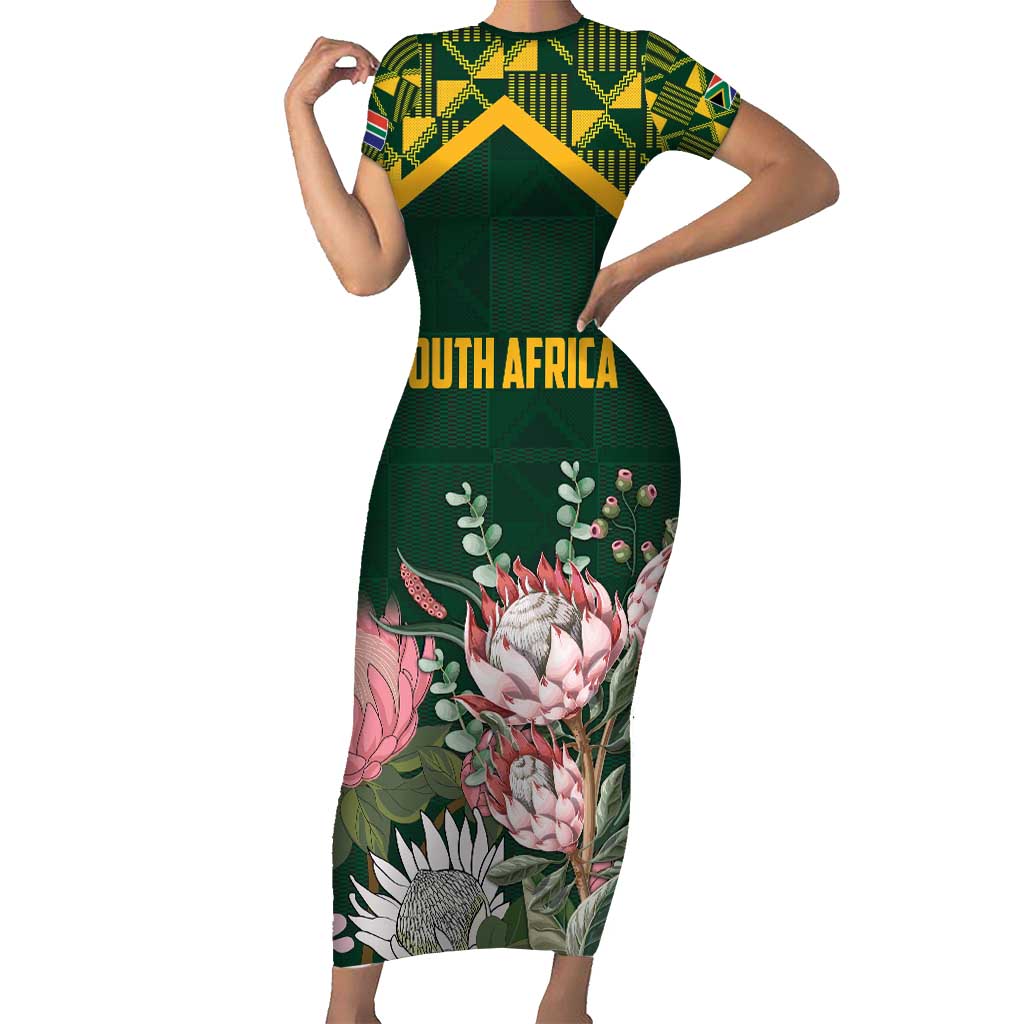 Personalized South Africa King Protea Short Sleeve Bodycon Dress With Kente Patterns - Wonder Print Shop