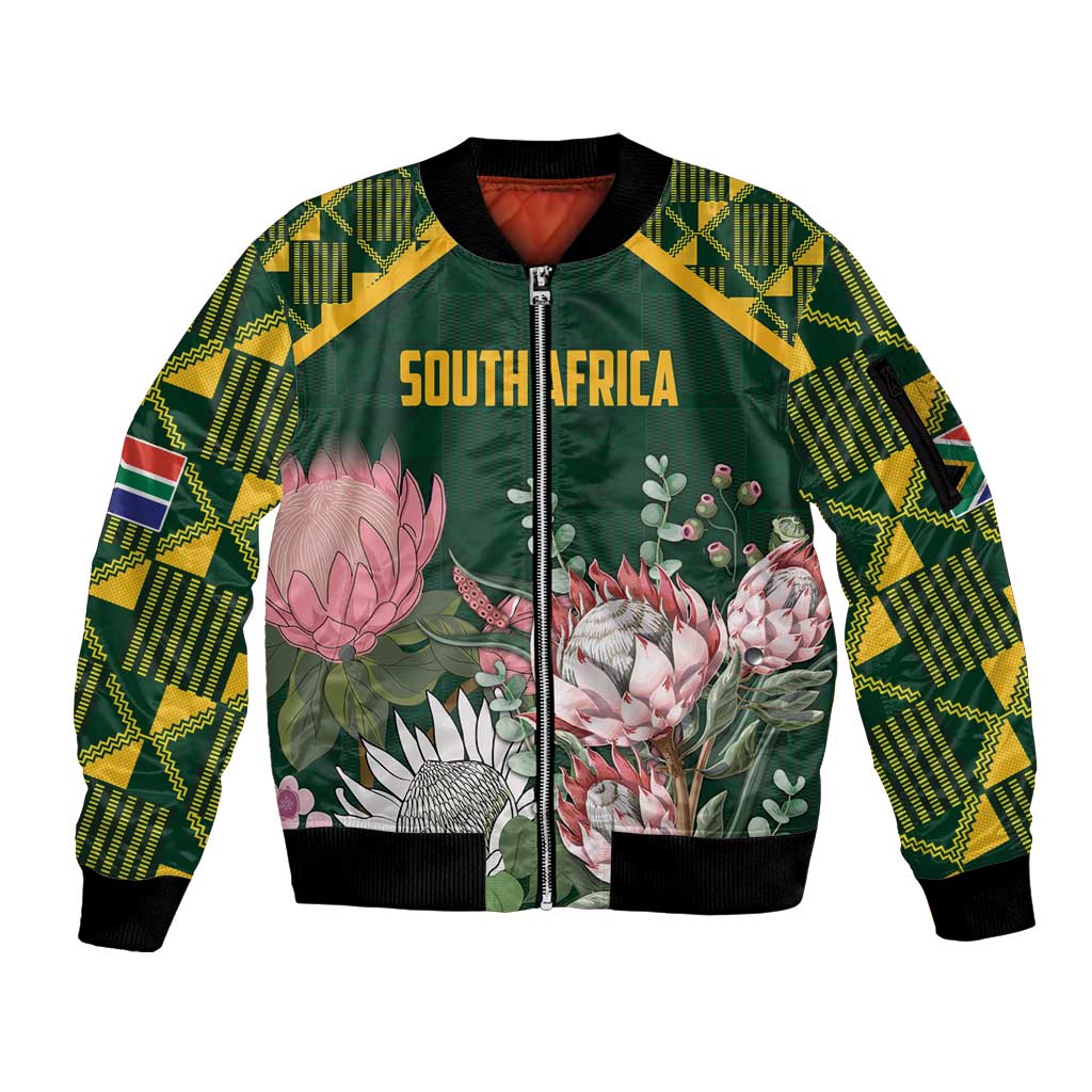 Personalized South Africa King Protea Sleeve Zip Bomber Jacket With Kente Patterns - Wonder Print Shop