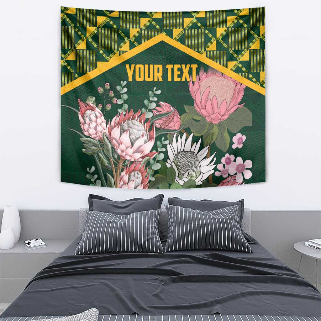 Green protea floral tapestry with kente-style geometric border and custom text area