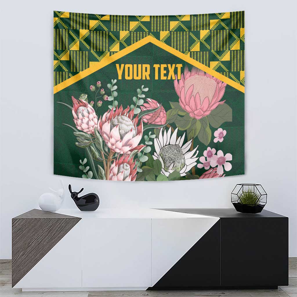 Green protea floral tapestry with gold kente geometric top border and centered text area