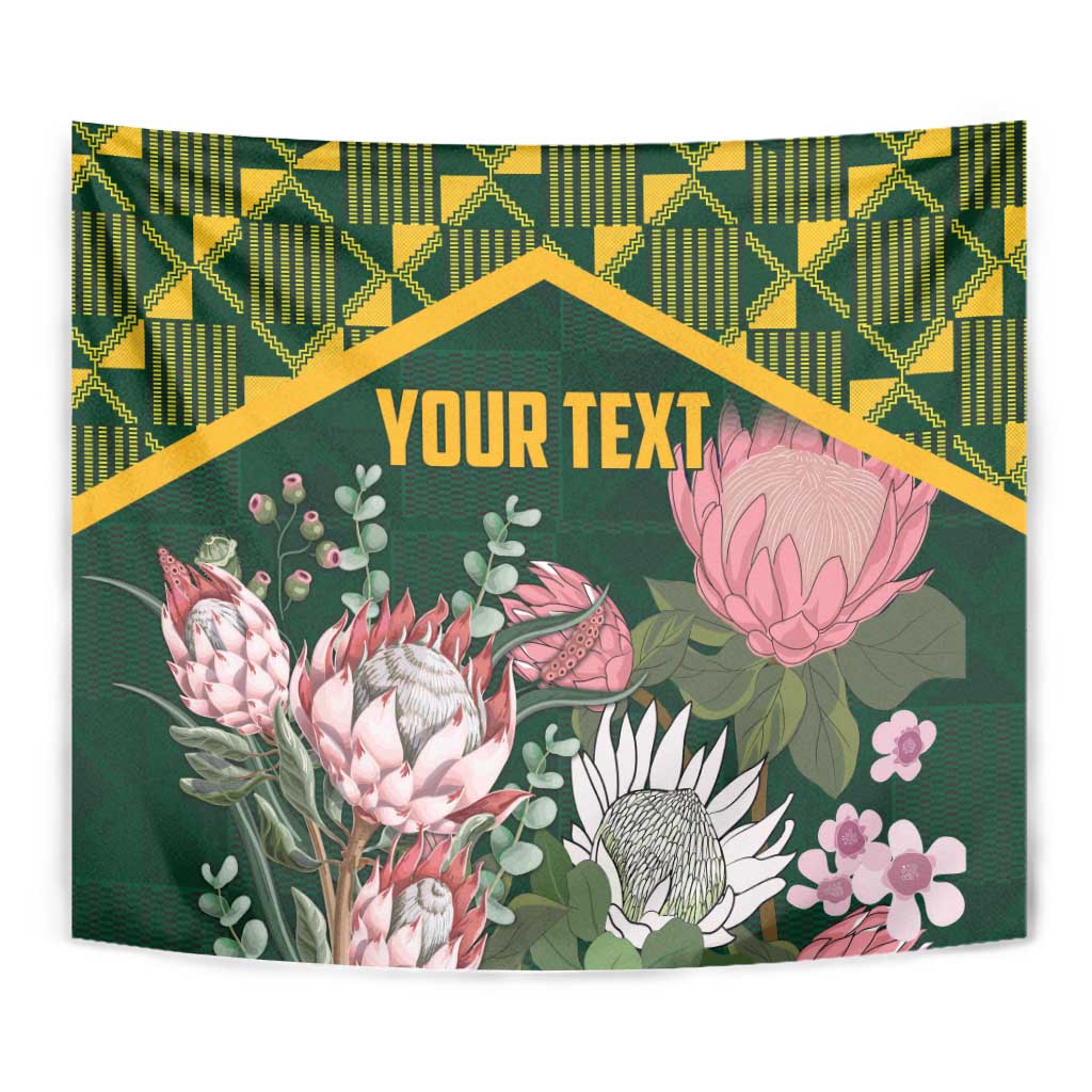 Green protea floral wall tapestry with kente geometric border and centered text area, curved