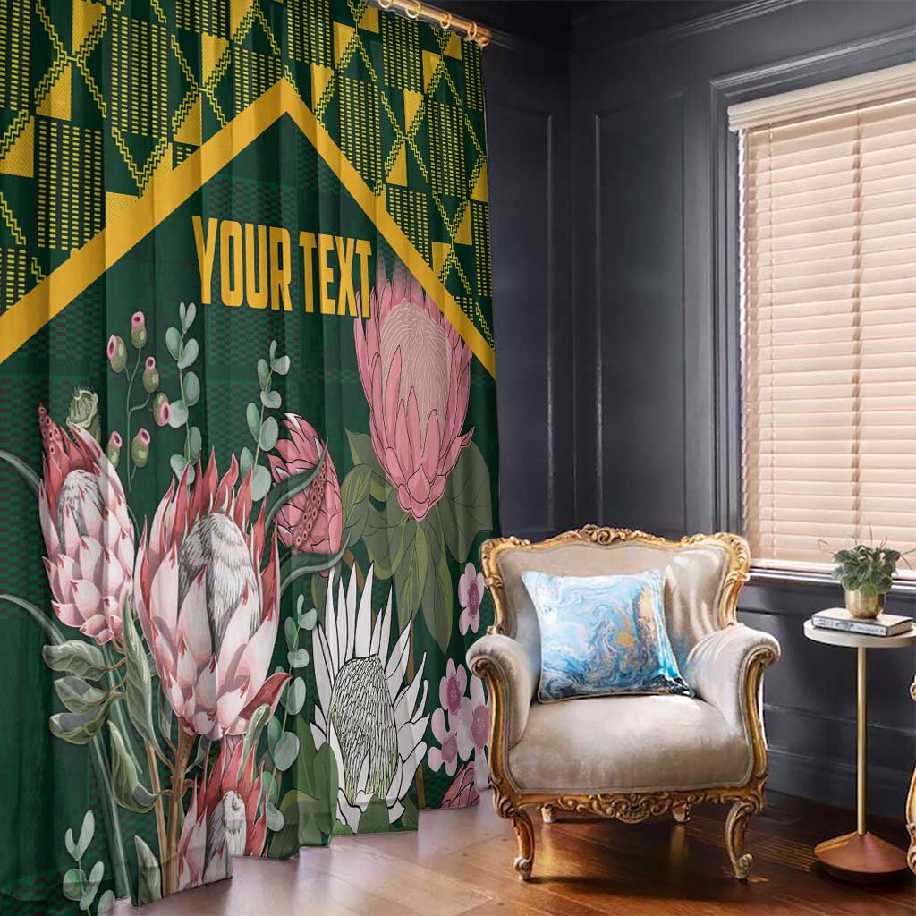 Green floral curtain with gold Kente-style diagonal band, pink protea blooms, and YOUR TEXT