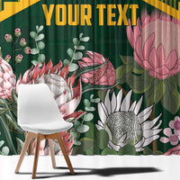 Green floral curtain with large pink protea, white-and-pink blossoms, and YOUR TEXT header