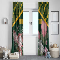 Green floral curtain pair with gold Kente-style pattern and YOUR TEXT blocks over flowers