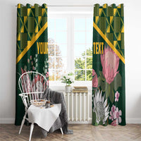 Green floral curtains with gold geometric top, YOUR TEXT on left, and protea prints