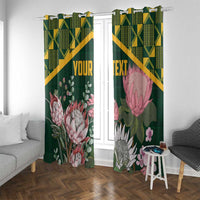 Green floral curtain pair with gold geometric panels, YOUR TEXT on left, and pink protea