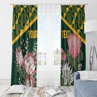 Green floral curtain pair with gold Kente-style top, YOUR TEXT, and pink protea over white base