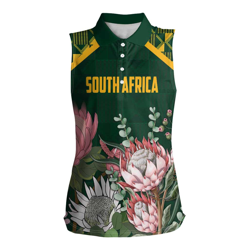 Personalized South Africa King Protea Women Sleeveless Polo Shirt With Kente Patterns - Wonder Print Shop